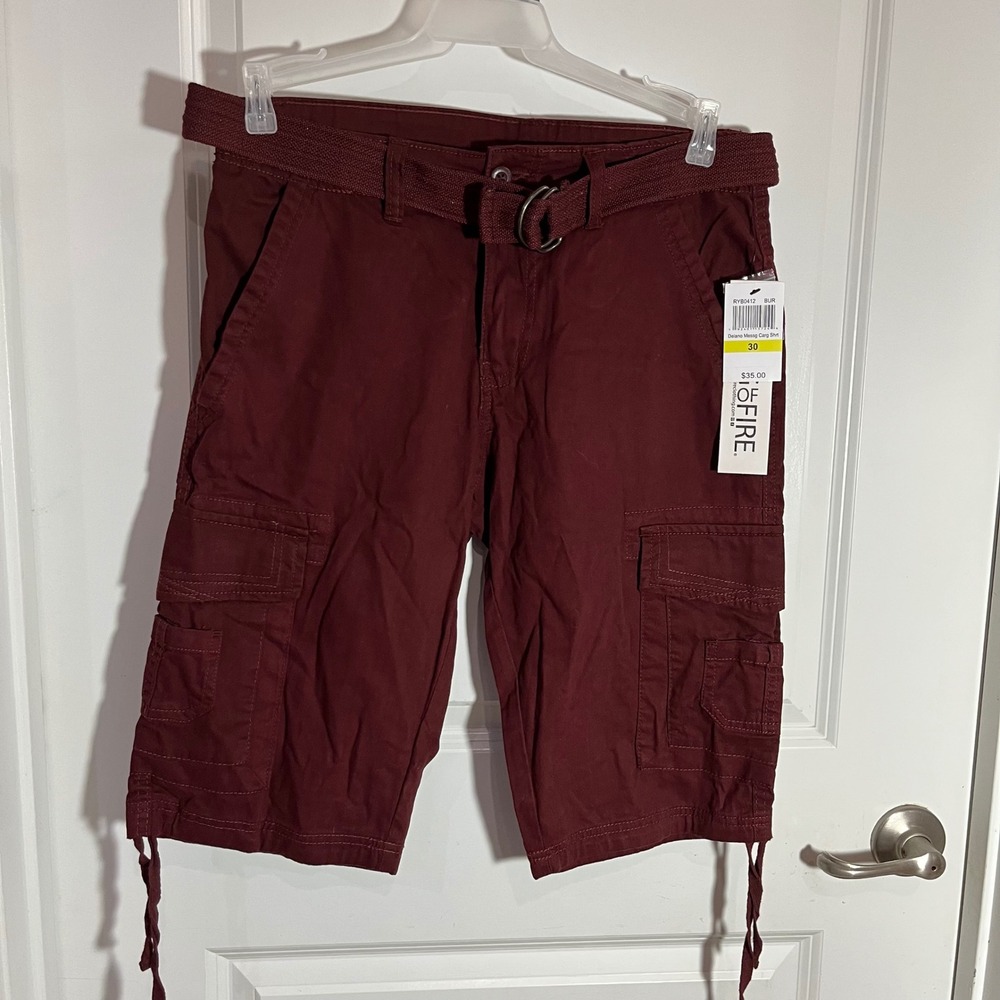 Ring of Fire Mens Delano Cargo Shorts Burgundy Red Belted Size 30 RYB0412